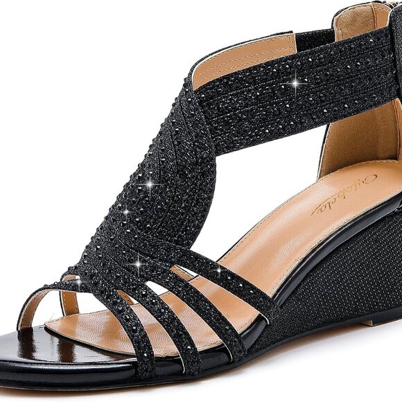 Women Wedge Sandals Sparkly Rhinestone Open Toe Dressy Evening Shoes - Picture 1 of 7